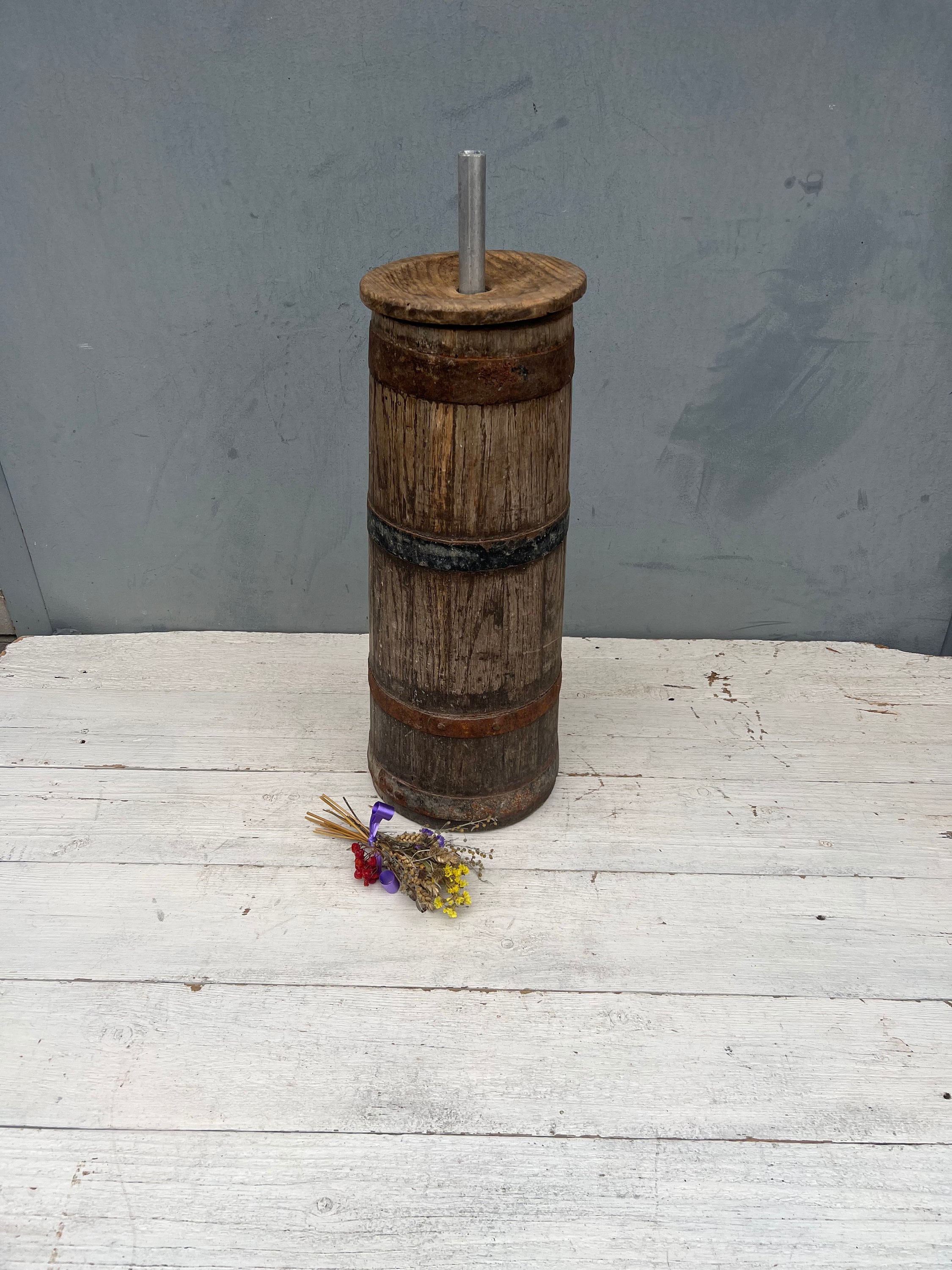 Old churn, Antique wooden bowl, Rustic vessel, Primitive decor, Wooden churn, Wooden home decor, Rustic decor, Flower vase, Terrace Decor