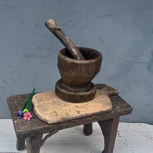 Wooden Mortar, Antique Wooden Bowl, Wooden Utensil, Antique Bucket, Rustic Wooden Bowl with Handle, Farmhouse Decor, Vintage Mortar, Decor
