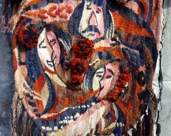 Mid-Century Woven Wool Tapestry - 21x44" Handwoven Brutalist Wall Hanging Art, Vintage Expressionist Musicians Rug Blanket