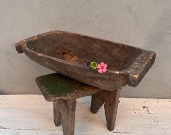 10" Antique Hand Carved Wooden Dough Bowl, Rustic Cottage Chic Decor, Primitive Wood Centerpiece, Wabi Sabi Decorative Basin