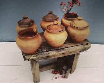 Set of 6 Miniature Ukrainian Folk Terracotta Pots, Rustic Wabi Sabi Farmhouse Decor