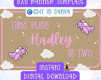 Time Flies Girly Birthday Banner Template-Digital Download-Editable in Canva-Mockup