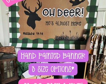 Oh Deer Baby Shower Banner with Scripture-Customizable-Woodland Shower-Green Gingham Baby Shower Decor-Custom Hand Painted Banner