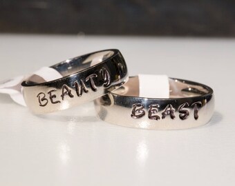 His Her Couple Stainless Steel Comfort Fit Beauty and Beast Rings