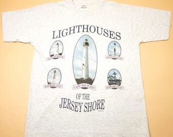 Vintage 80s Lighthouses of Jersey Shore Cape May New Jersey T Shirt L Grey FOTL