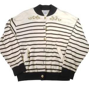 Giacca bomber vintage anni &#39;80 Molto Fino in cotone con bottoni, a righe e ricamata, taglia M