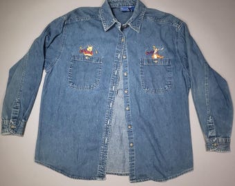 Vintage Disney Winnie the Pooh Denim Button down Mens Large