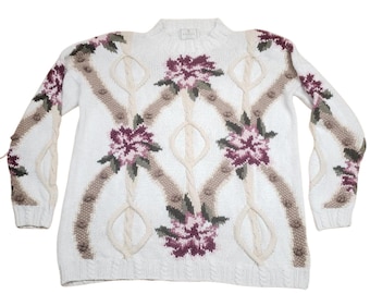 Suéter de lana vintage de punto floral Express Tricot tejido a mano con cable, talla M