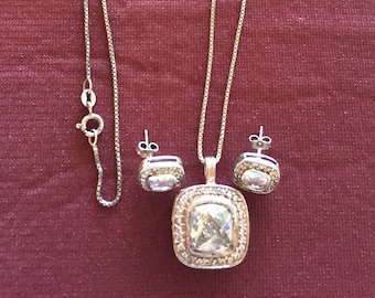 Vintage solid Sterling silver/ Rhinestone necklace/pendant/earrings set  23 inch 925 chain