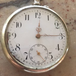 ANTIQUE SWISS  mens pocketwatch silver case runs well w/sub seconds dial gold hands white dial