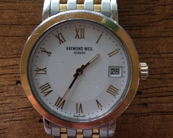 Raymond Weil swiss mens vintage 2-tone gold plated/stainless steel toccata white dial w/date  quartz watch
