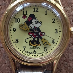 Disney Lorus by seiko ladies minnie japan qtz watch gold plated bezel s/s back new premium batt usa flexband good cond runs well c/1980s