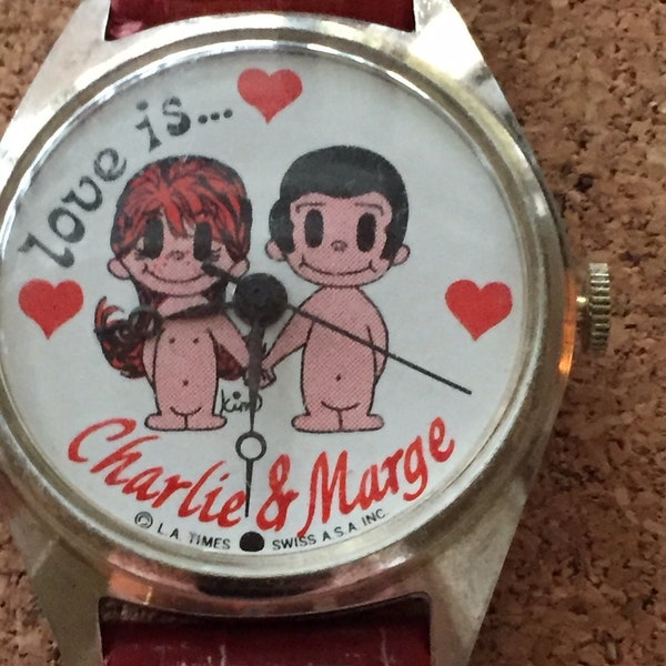 Vintage LA Times(Rare) SWISS mechanical mens watch genuine red leather strap silvertone bezel 35mm diameter good cond runs well c 1980s