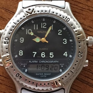Waltham mens chronograph alarm lcd/analog xaw230 stainless japan quartz watch 44mm case diameter new battery runs well