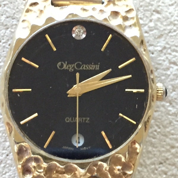 Oleg-Cassini mens japan qtz  diamond/ nugget style watch w/date spiedel stainless eibe flexband NEW premium battery runs well