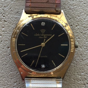 Vintage Jules-Jurgensen mens japan qtz diamonds watch NEW premium battery goldtone 36mm case silvertone s/s flexband runswell