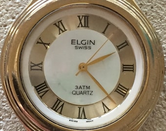 Vintage ELGIN SWISS movement mens quartz watch  w/r30m m.o.p.dial 37mm NEW premium battery runs well c 1980s