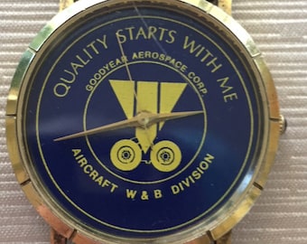 Vintage GOODYEAR Aerospace corp custom employee mens qtz watch gold plated new premium batt good condition runs well VERY RARE