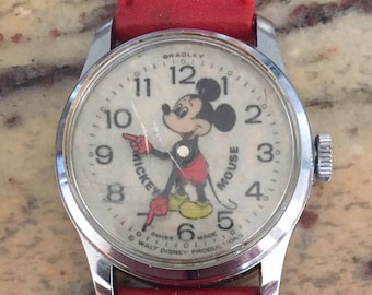 Disney vintage mickey bradley pie eye SWISS   mechanical wind watch c 1970s running well FREE SHIPPING