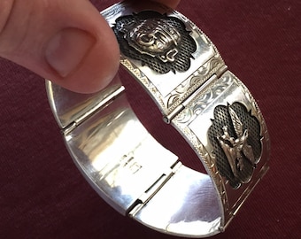 PLAFINA  HEAVY sterling Silver hand made shadowbox warrior 5 panel hinged  very heavy mens  bracelet 74.95 grams c 1960sFREESHIP
