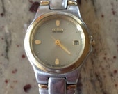 Citizen Eco-Drive ladies 2-tone stainless steel watch w date silver dial gold hands runs well fits 7inch wrist FREE SHIPPING