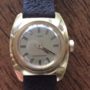 Pu&ograve; includere: Un orologio da polso Timex color oro con un cinturino in pelle nera. Il quadrante dell'orologio ha indici orari in numeri romani e il testo "WATER RESISTANT" stampato sotto il logo Timex.
