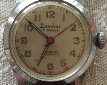 Landau SWISS Vintage 32mm unisex watch 17 jewels mechanical incabloc alligator strap runs well c 1960s