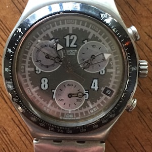 SWATCH Irony mens watch/chronograph stainless 42mm w/date NEW battery runs well original stainless bracelet swiss made