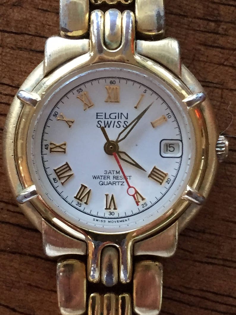 Elgin SWISS Quartz Ladies W/date Goldtone Stainless Steel Etsy
