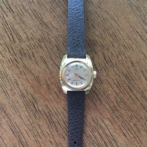 Pu&ograve; includere: Un orologio Timex dorato con un quadrante quadrato e un cinturino in pelle nera. Il quadrante dell'orologio ha lancette e indici neri.