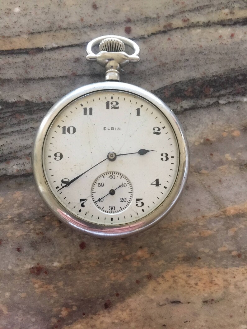 Elgin Vintage Mens Silvertone Pocket Watch Silverode Case Sub Etsy