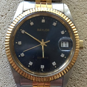 BAYLOR SWISS made qtz mens watch diamonds / date w/bubble s/s 2-tone case /braceletNEW premium batterygood cond runs well