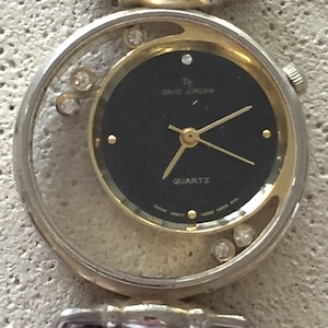 Vintage David Jordan unisex  japan qtz dial within clear case floating crystals 29mm NEW premium battery leather strap runs well