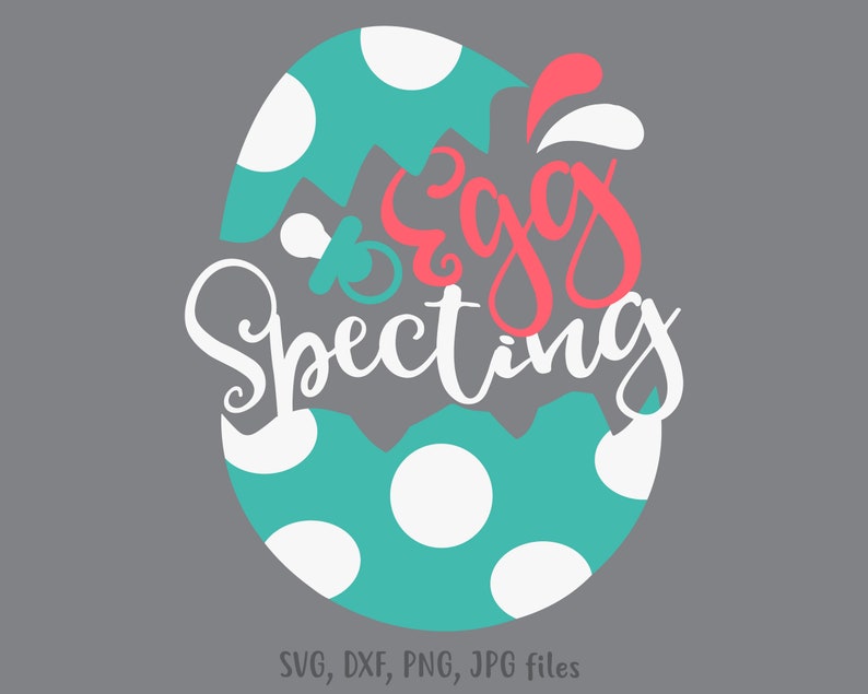 Pode incluir: Um design de ovo turquesa e branco com bolinhas com as palavras "Egg Specting" em uma fonte de script. O ovo est&aacute; rachado, revelando um gr&aacute;fico de chupeta. O fundo &eacute; cinza.