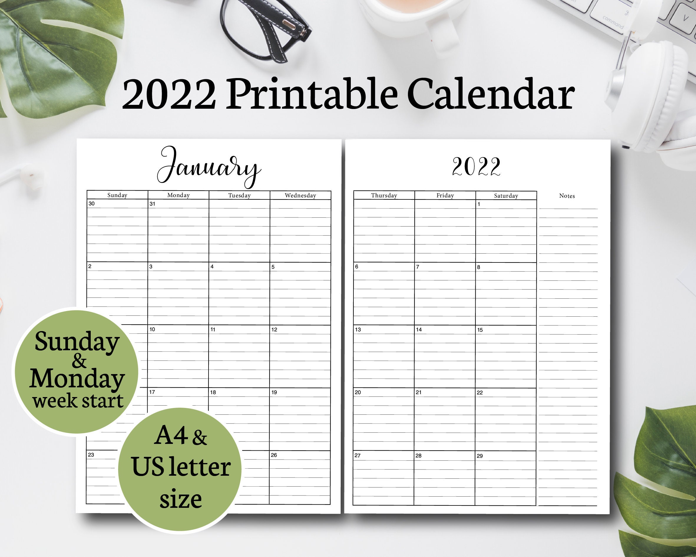 2022 Monthly 2 Page Lined Calendars Printable Lined Calendar - Etsy