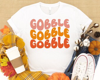 Gobble Gobble Gobble svg, Funny Thanksgiving Saying svg, Retro Thanksgiving svg, Wavy Stacked svg, Gobble T-Shirt svg, Silhouette & Cricut