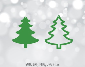 Puede incluir: Dos adornos verdes de árbol de Navidad. Uno es una forma verde sólida y el otro es un contorno. Los adornos tienen un pequeño agujero en la parte superior para colgar. El texto en la parte inferior dice "SVG, DXF, PNG, JPG files."