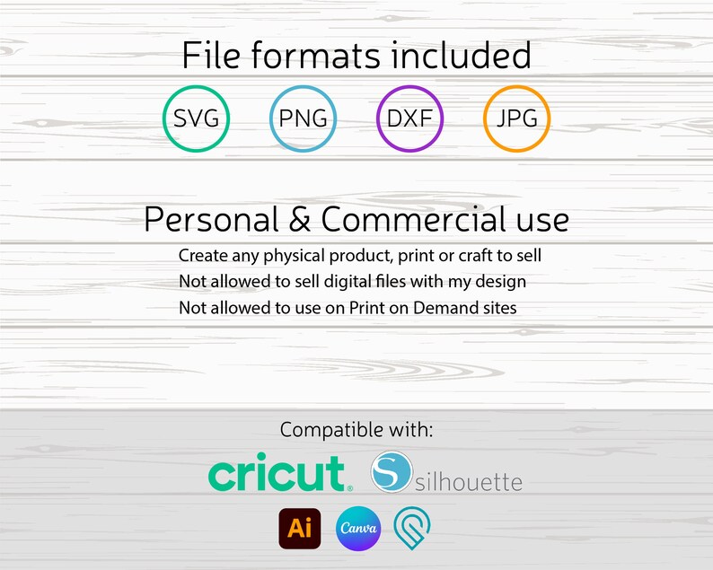 Pode incluir: Imagem mostrando os formatos de arquivo SVG, PNG, DXF e JPG. O texto indica uso pessoal e comercial, permitindo a cria&ccedil;&atilde;o de produtos f&iacute;sicos e a venda de artesanato. Compat&iacute;vel com Cricut, Silhouette, Ai e Canva.