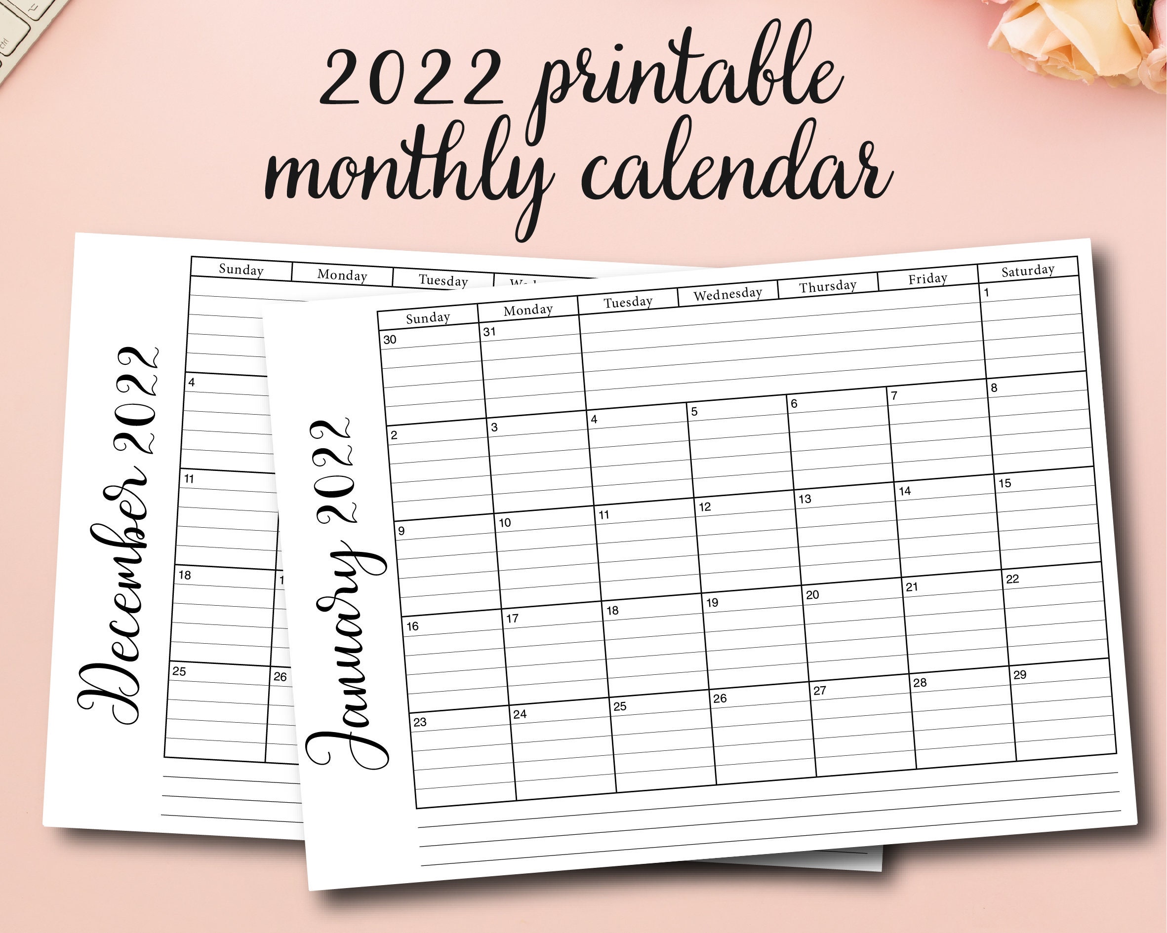 2022 lined printable calendar 2022 calendar landscape lined etsy australia