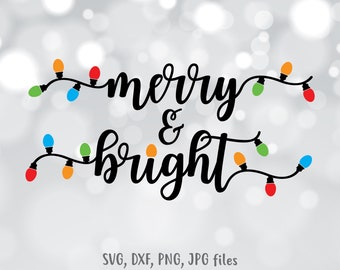 Peut inclure: Une création festive avec l'inscription "merry & bright" en noir, ornée d'une guirlande de lumières colorées. Le fond argenté flou crée une ambiance joyeuse et festive pour les fêtes de fin d'année.