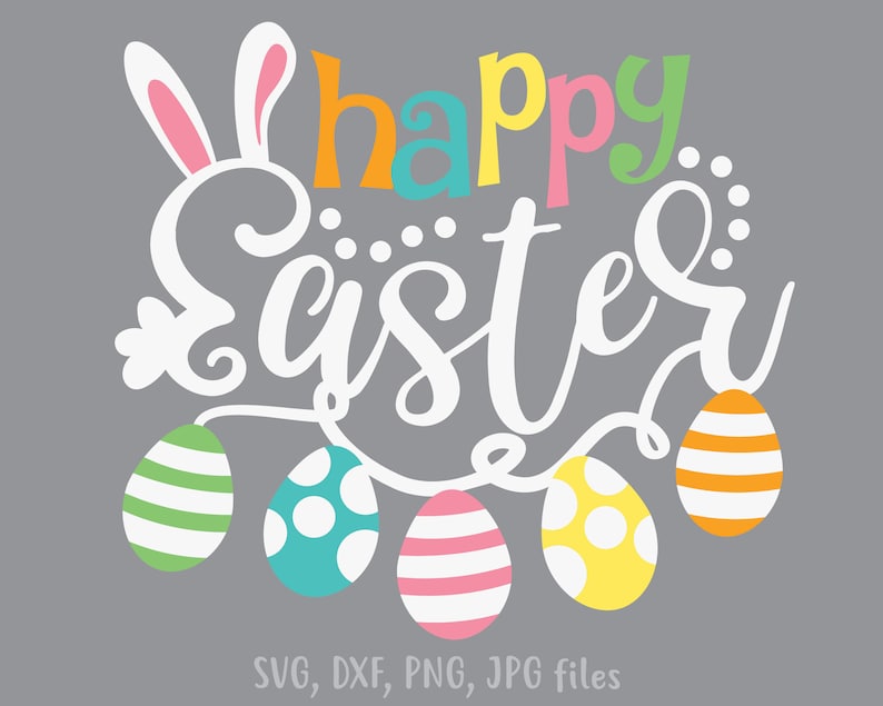 K&ouml;nnte beinhalten: Frohe Ostern-Gru&szlig; mit wei&szlig;en Hasenohren und bunten Eiern, die an einer Schnur h&auml;ngen. Der Text "Frohe Ostern" ist in wei&szlig;er kursivschrift mit bunten Akzenten. Die Eier sind gestreift, gepunktet und einfarbig.