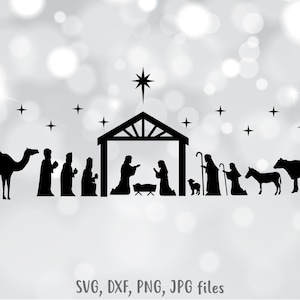 Narodzenia SVG, Scena Narodzenia SVG, Boże Narodzenie SVG, Naklejka Dekoracji Świątecznej, Plik Cięcia Winylowego, Nativity Cricut, Pliki Sylwetki SVG DXF png jpg