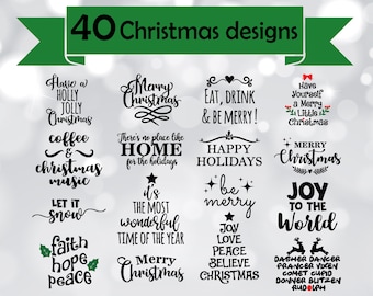 Może przedstawiać: Kolekcja 40 świątecznych wzorów w czarnym skrypcie. Frazy obejmują "Merry Christmas", "Joy to the World" i "Let it Snow". Zielony baner u góry głosi "40 świątecznych wzorów".