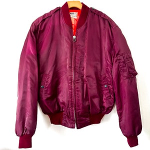 Vintage 80s Maroon Purple Bomber Jacket MA-1 Air Force Flight Military Army MA1 Custom Neon Orange Quilted Lining Sun Faded Distressed Punk