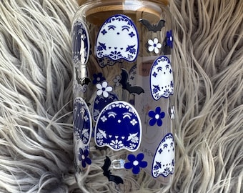 Talavera Skull Ghost Talavera Bats Clear Glass Coffee Cup With Lid & Straw, Coffee Mug, Holiday Gift,  Iced Coffee Cup, 16oz Glass Can Cup