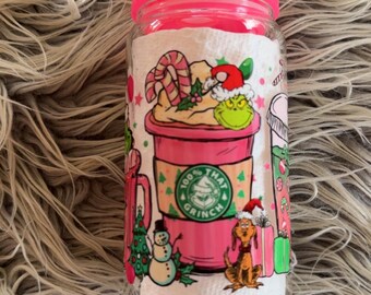 Star Grinch Glass Coffee Cup, acrylic Lid, Iced Coffee, 16oz