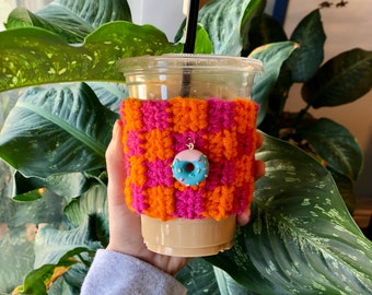 Donut Coffee Sleeve, Checkered Cup Cozy, Hand-Crocheted, Iced or Hot Drink, Cute Accessory, Hand-Made, Dunkin' Charm, Coffee Lover Gift