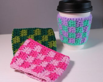 Checkered Coffee Sleeve, Iced Cup cozy, Bright, Fun Colored Coffee Accessory, Hand-made, Cute Gift