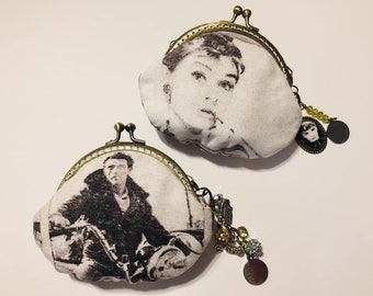 Audrey Hepburn, James Dean, Handsewn Coin Purses with Handmade Keychain Charms