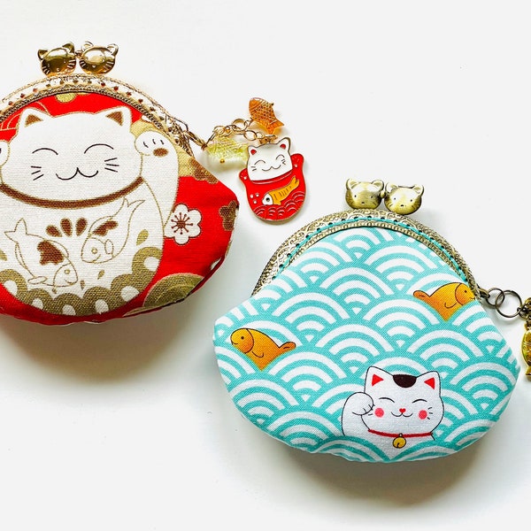 Japanese Maneki Neko Lucky Cat with Prosperity Fish Handsewn Coin Purse with Matching Keychain Charms